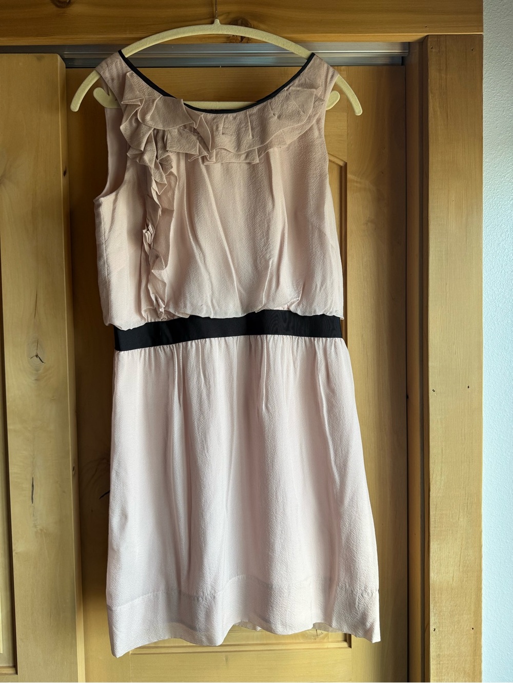 LOFT Pale Pink Midi Dress with Black Waistband and Ruffle Detail new with tag.